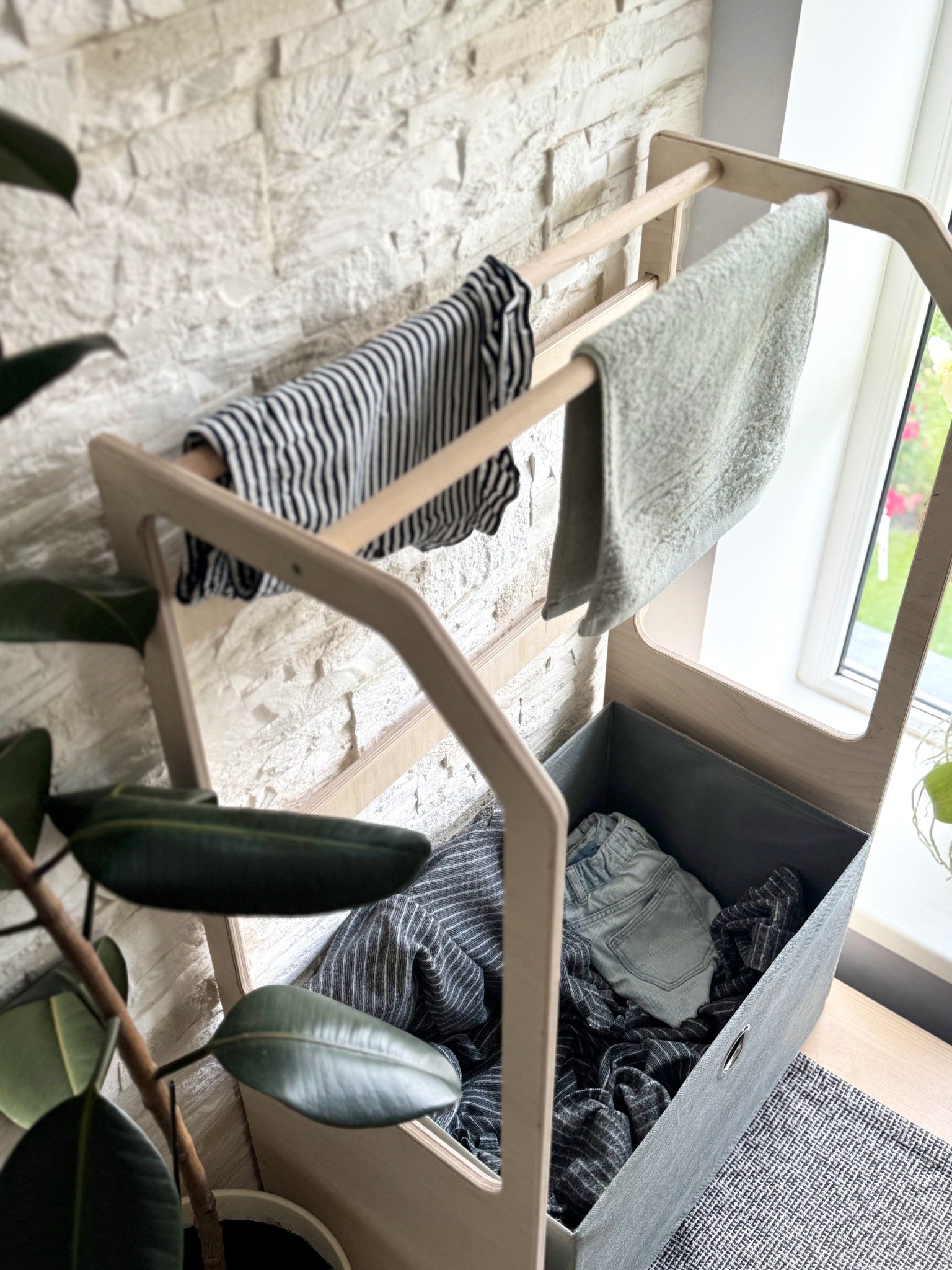 Montessori Wooden Clothes Drying Rack with Storage for Kids