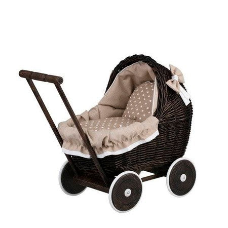 Dark Painted Wicker Doll Pram – Beige Bedding