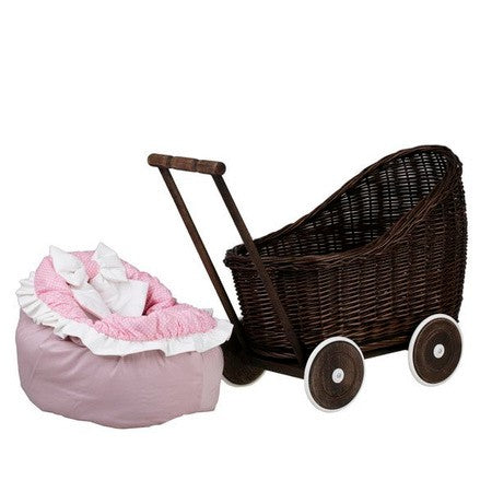 Dark Painted Wicker Doll Pram Luna – Pink Bedding
