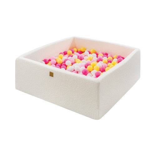 Square Ball Pit with Pink/Yellow/White Balls - White Boucle